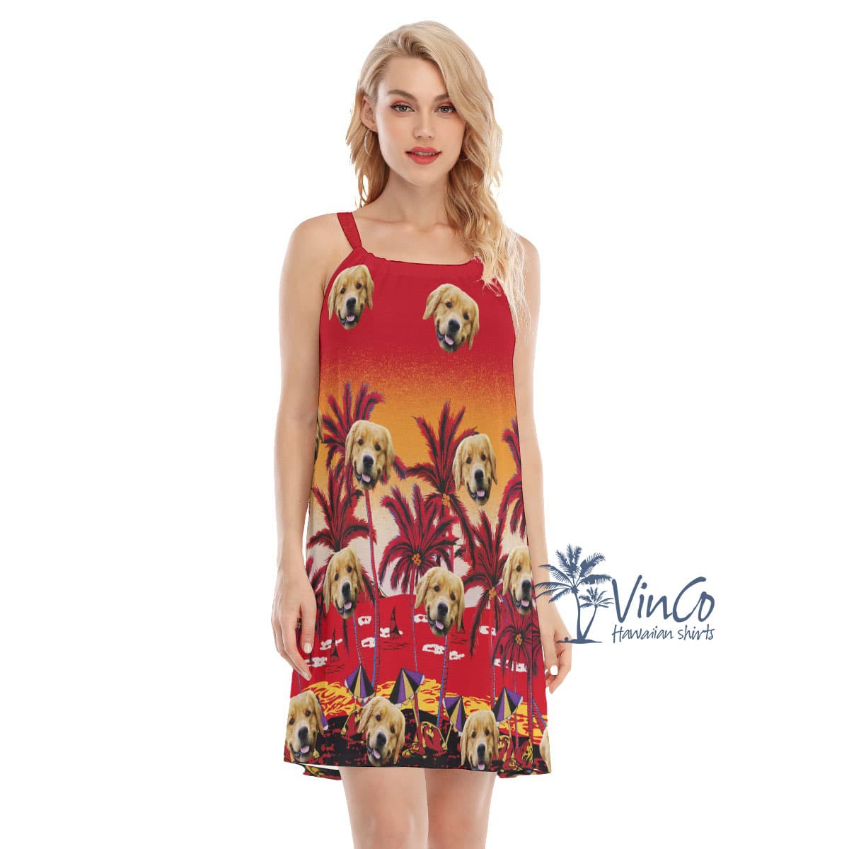Sunset Beach Red Custom Women's Cami Dress With Face (2)