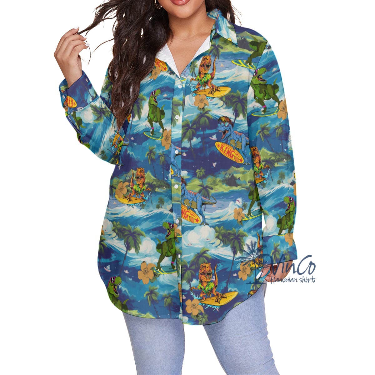 Surfing Dinosaur Tropical Hawaiian Plus Size Shirt For Women