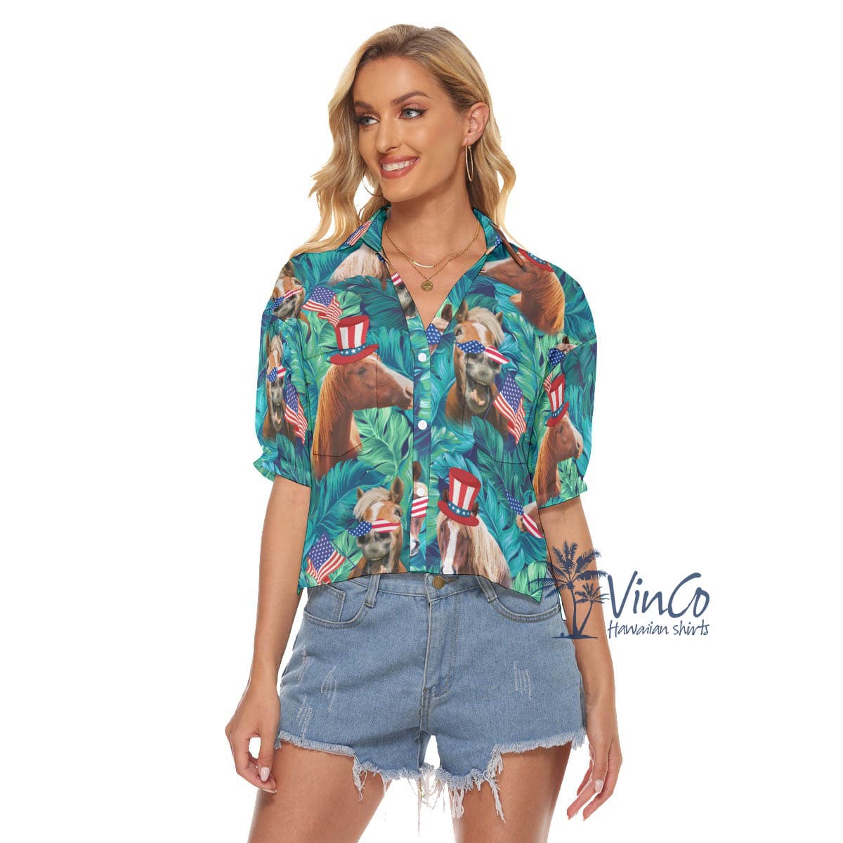 Tropical American Hat Horse 4th Of July Hawaiian Crop Top Shirt For Women (1)