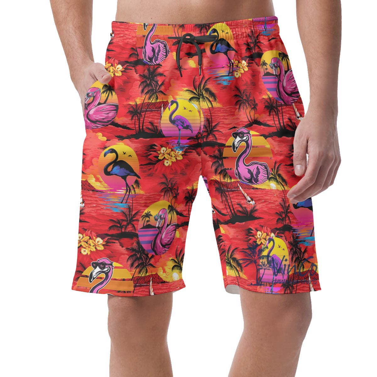 Tropical Beach Scene Flamingo Hawaiian Shorts For Men