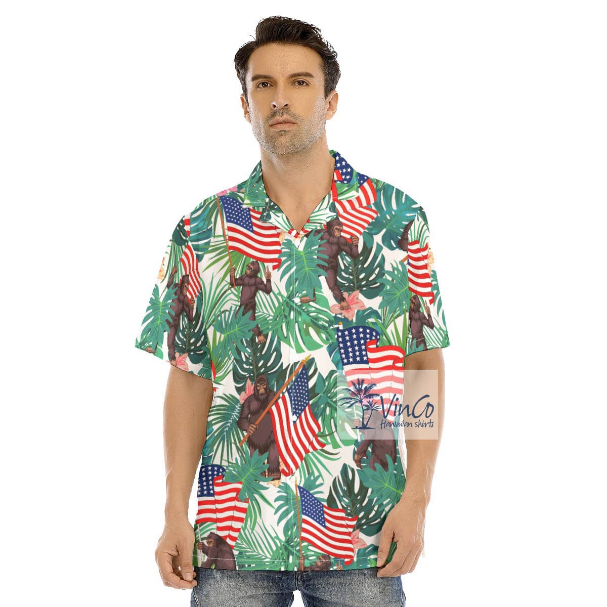 Tropical Bigfoot American Flag Men’s Hawaiian Shirt (1)