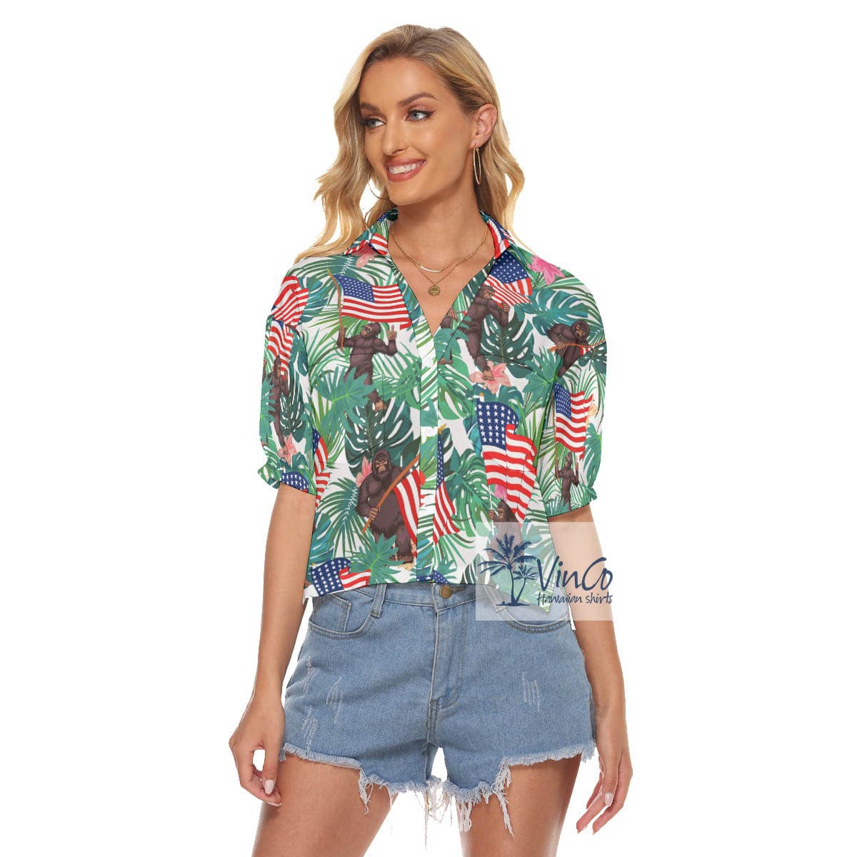 Tropical Bigfoot Holding American Flag Hawaiian Cropped Shirt For Women (2)