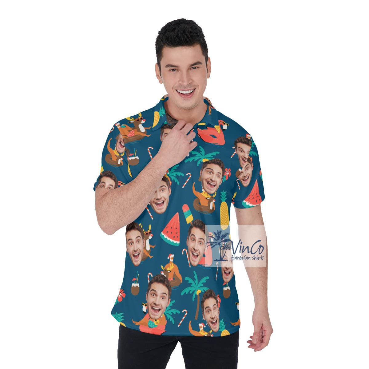 Tropical Christmas Santa Claus Custom Face Hawaiian Golf Shirt For Men