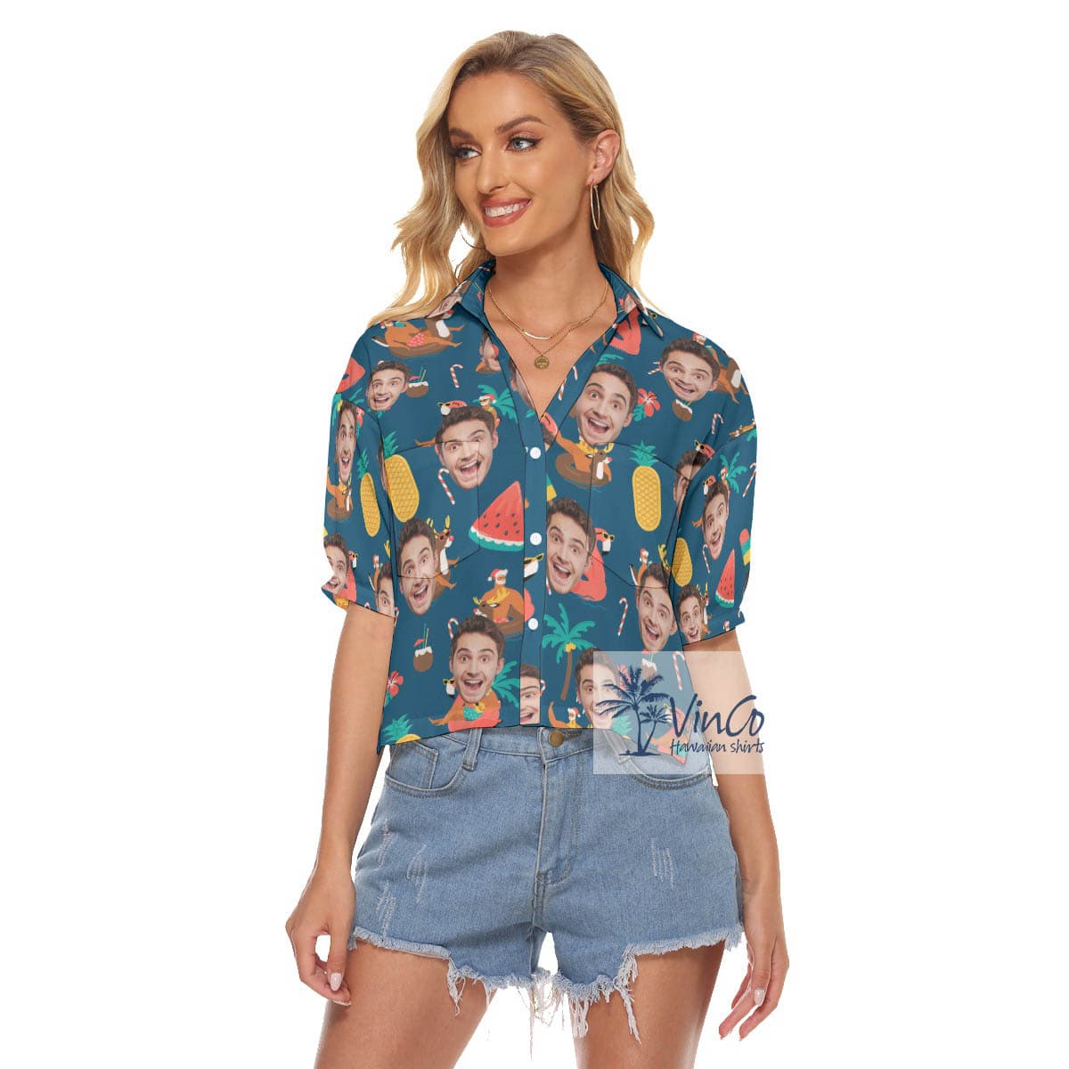 Tropical Christmas Santa Custom Face Aloha Cropped Shirt For Women