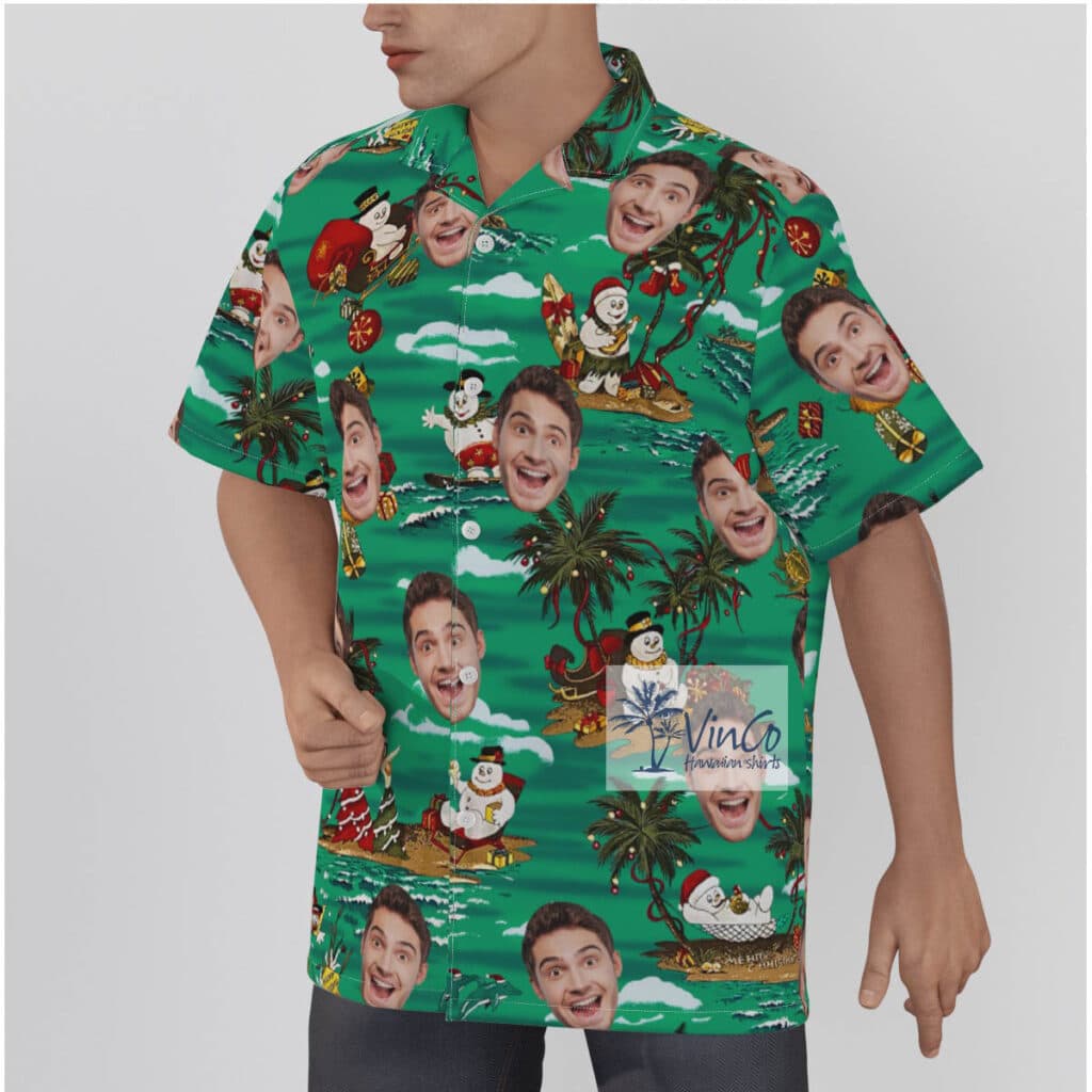 Tropical Christmas Snowman Custom Face Green Hawaiian Shirt