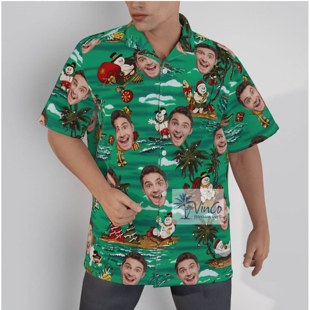 Tropical Christmas Snowman Custom Face Green Hawaiian Shirt