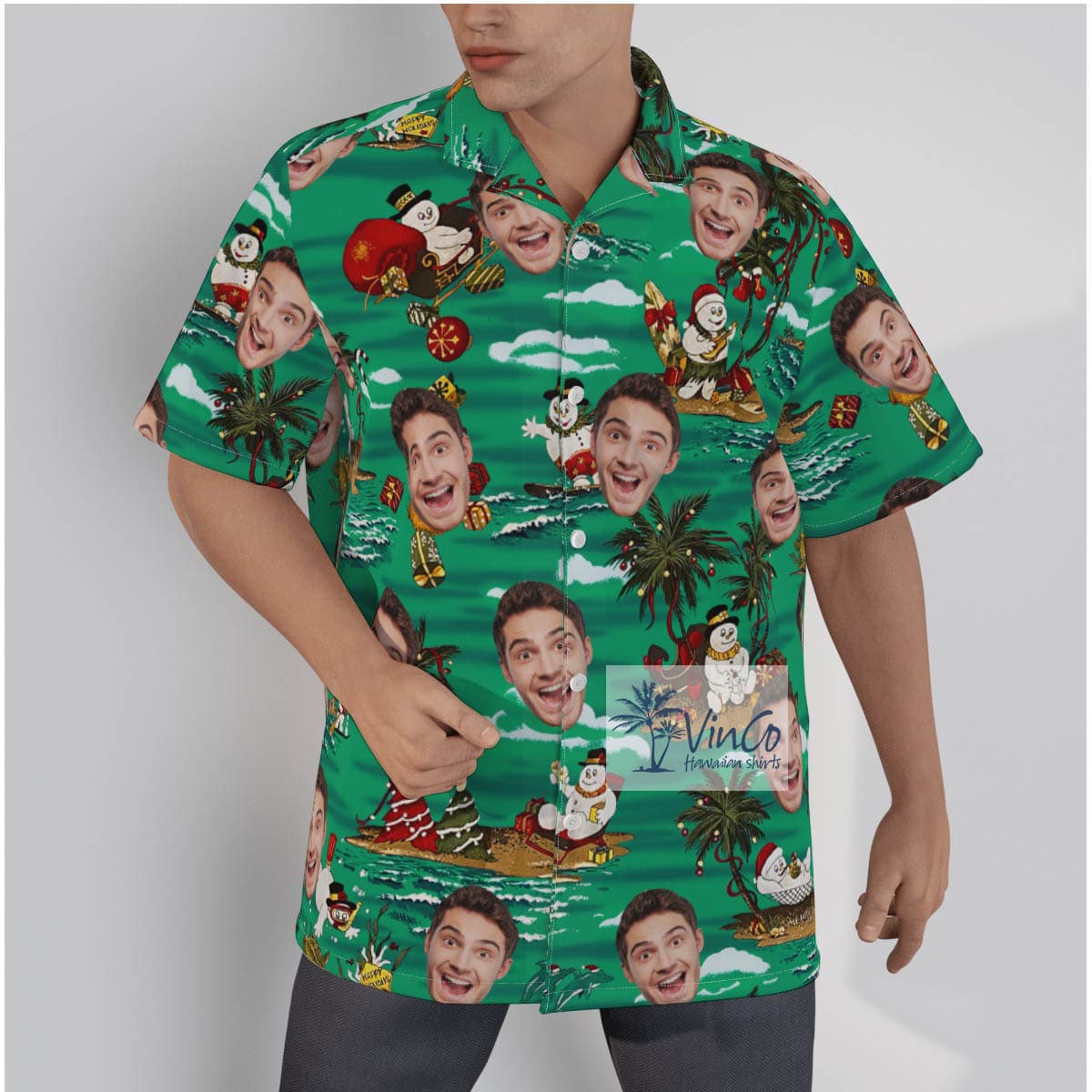 Tropical Christmas Snowman Custom Face Green Hawaiian Shirt