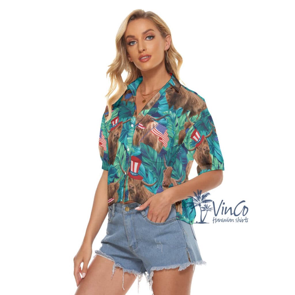 Tropical Cow With American Hat Hawaiian Cropped Shirt For Women