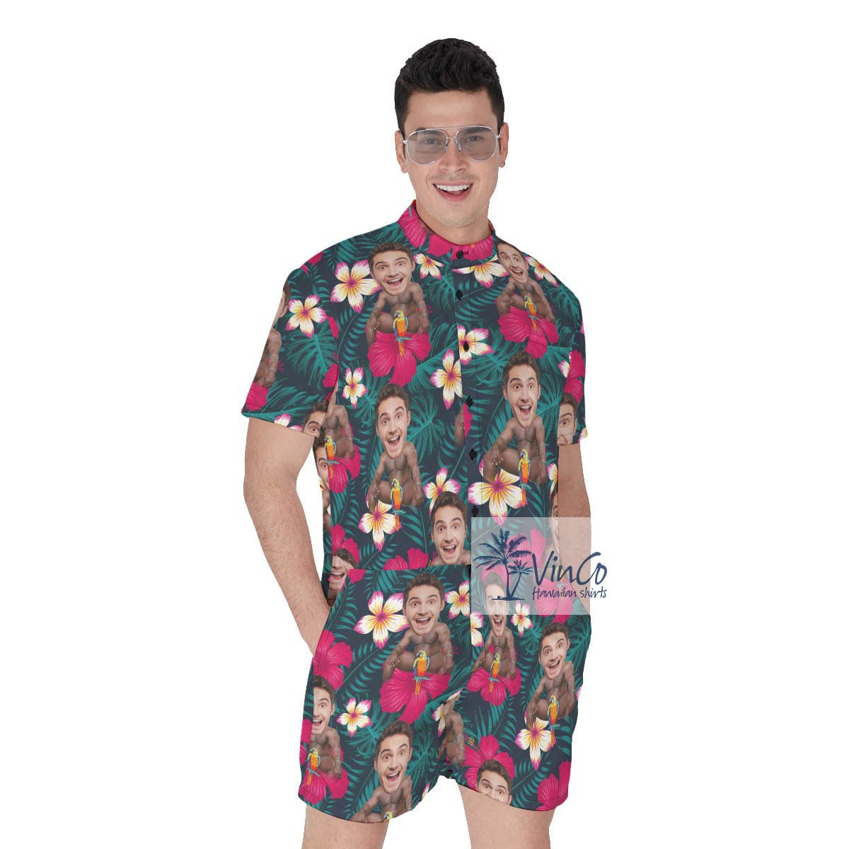 Tropical Custom Barry Wood Face Hawaiian Romper For Men (4)