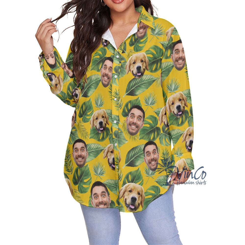 Tropical Custom Dog Face Plus Size Hawaiian Shirt For Women (1)