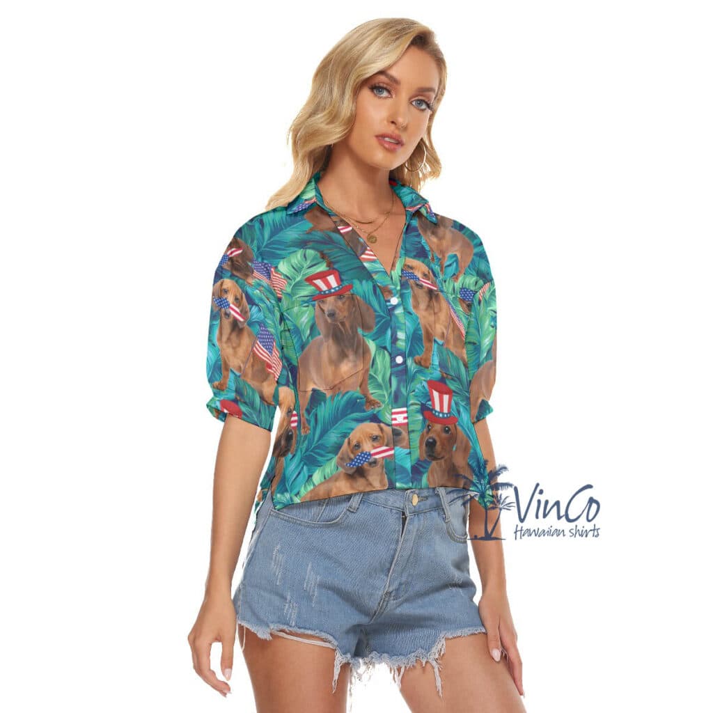 Tropical Dachshund American Flag 4th Of July Hawaiian Cropped Shirt
