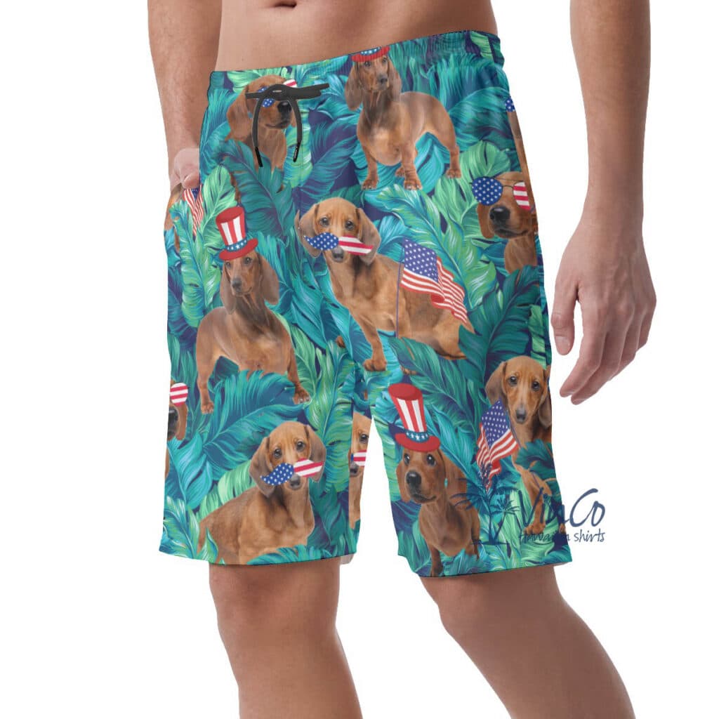 Tropical Dachshund With American Hat Patriotic Hawaiian Beach Shorts For Men