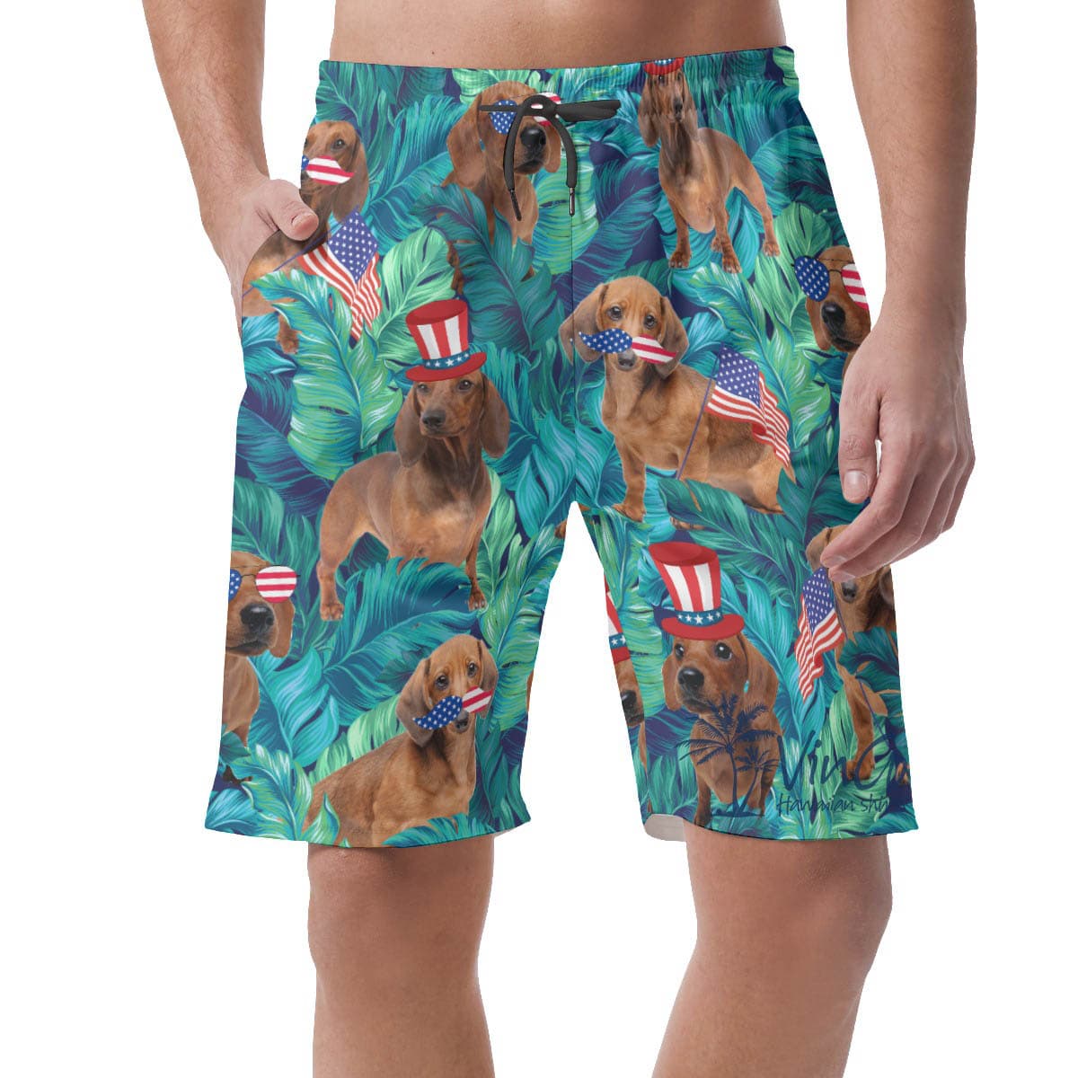 Tropical Dachshund With American Hat Patriotic Hawaiian Beach Shorts For Men