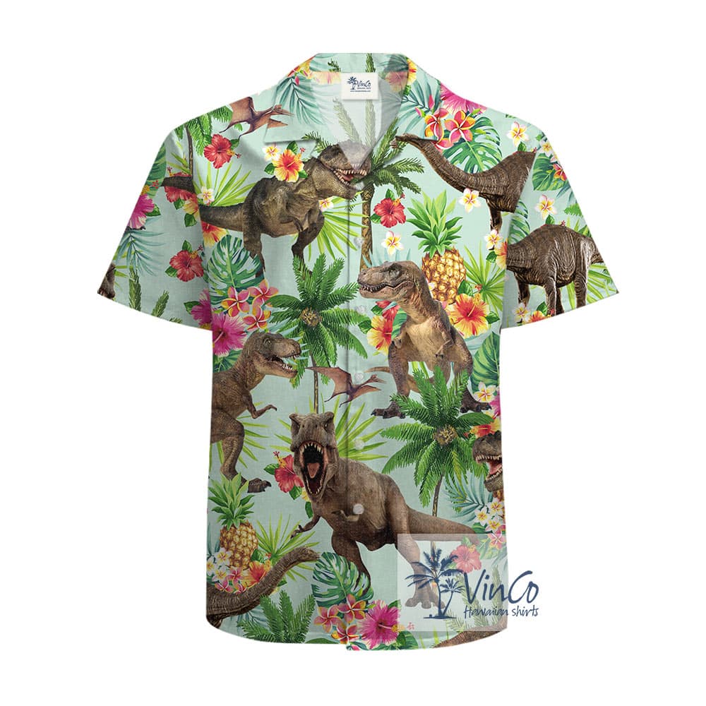 Tropical Dinosaur Cotton Hawaiian Shirt For Men (5)