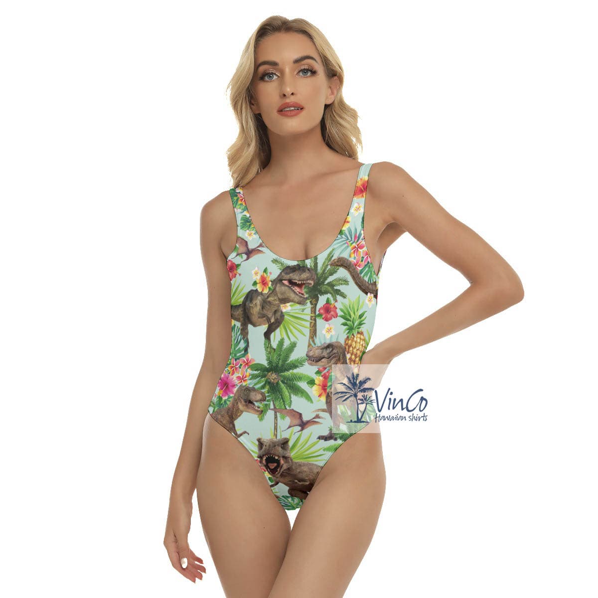 Tropical Dinosaur Hawaiian One Piece Swimsuit For Women (3)