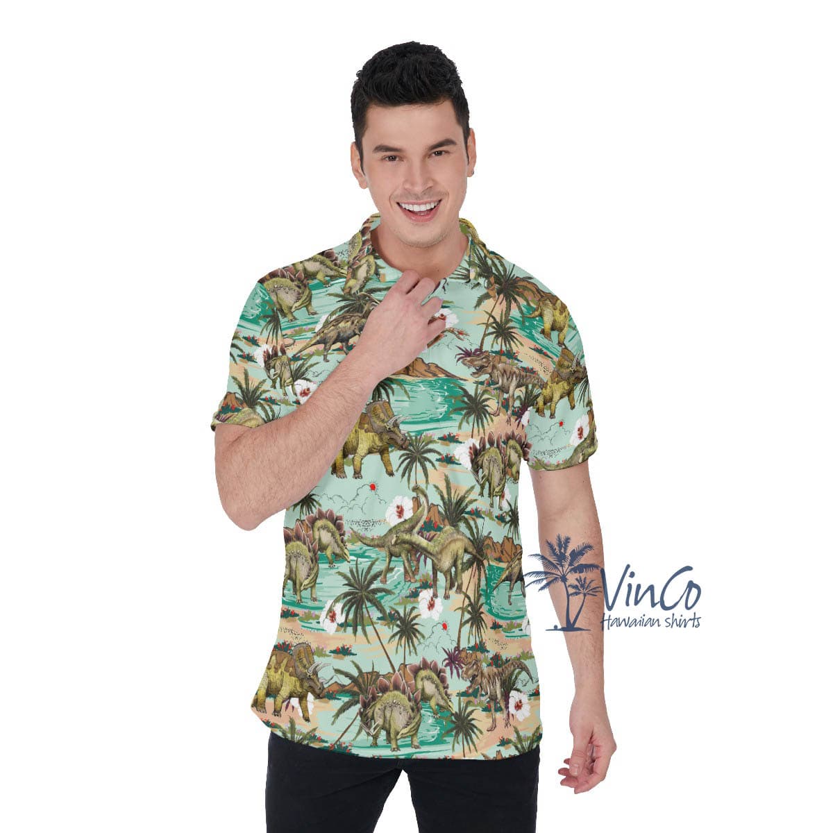Tropical Dinosaur Summer Hawaiian Gofl Shirt For Men