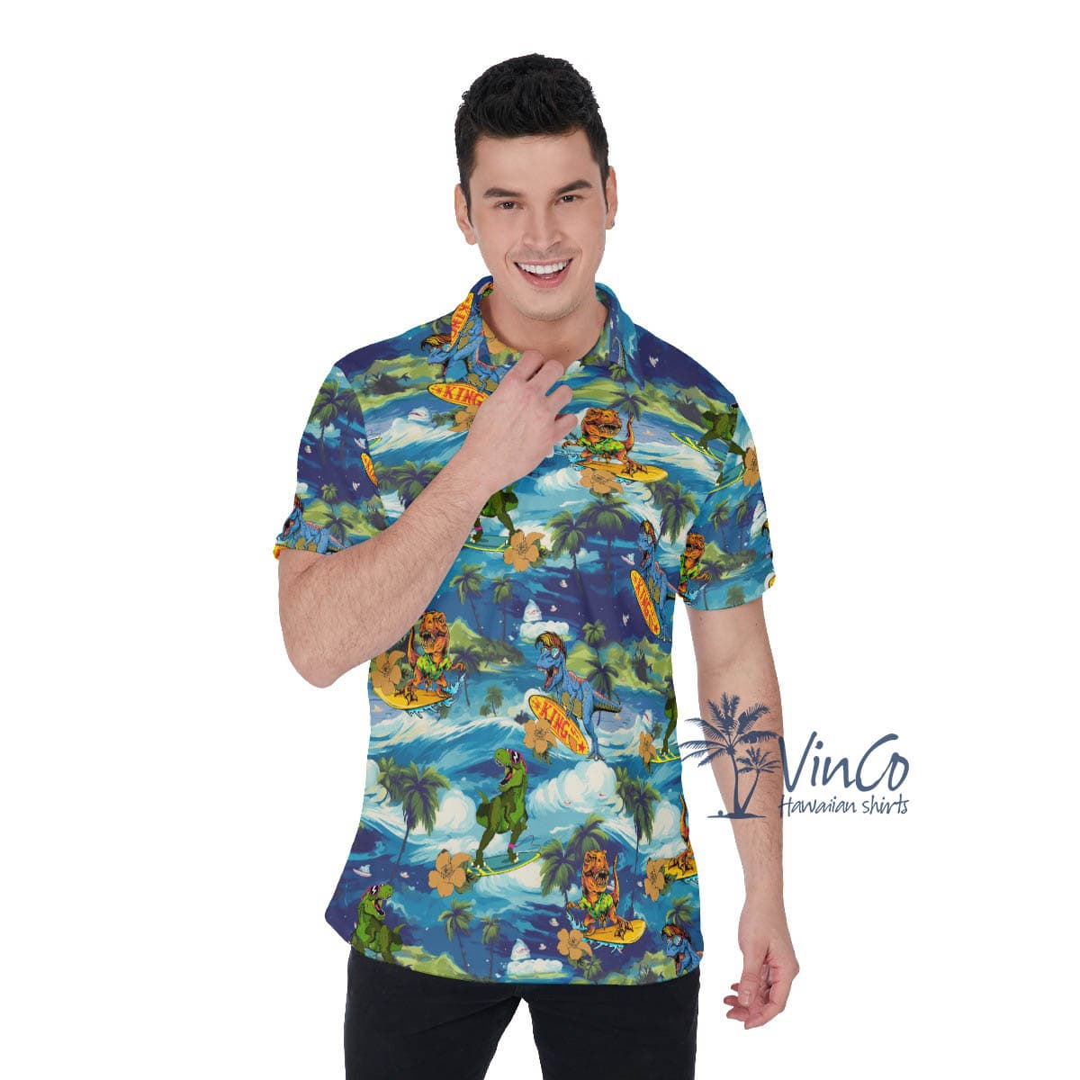 Tropical Dinosaur Surfing Hawaiian Polo Shirt For Men