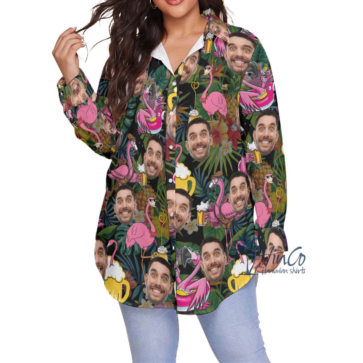Tropical Flamingo Beer Custom Face Hawaiian Plus Size Shirt