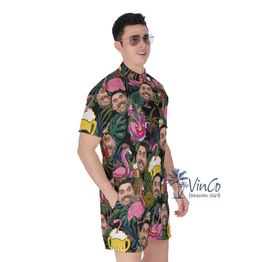 Tropical Flamingo Beer Custom Face Hawaiian Romper For Men