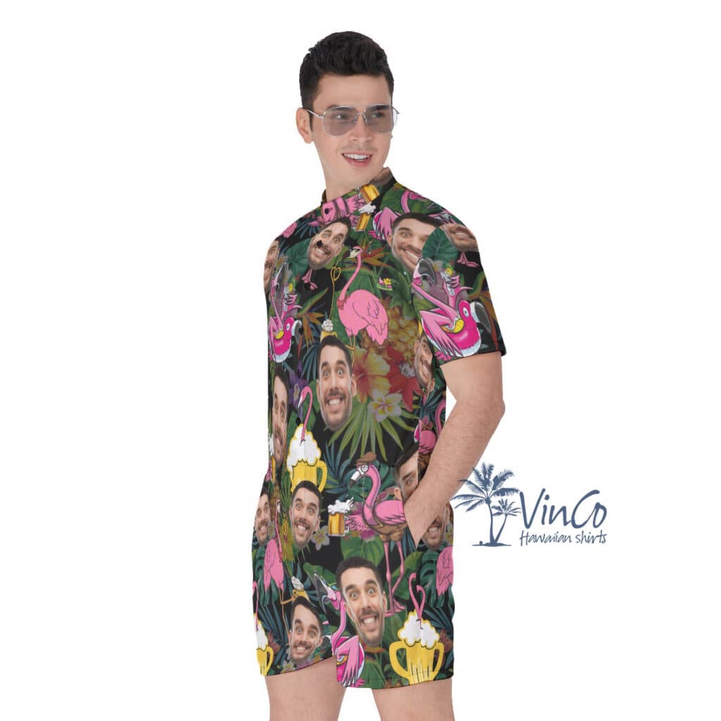 Tropical Flamingo Beer Custom Face Hawaiian Romper For Men