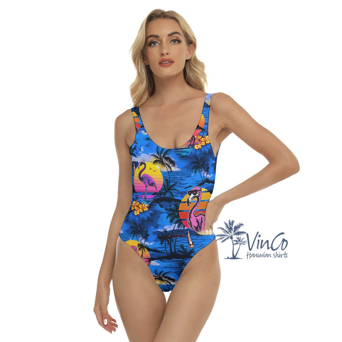 Tropical Flamingo Summer Navy Hawaiian Swimsuit For Women