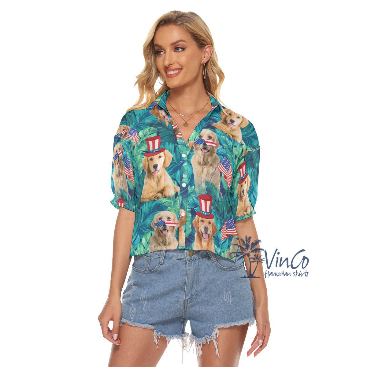 Tropical Golden Retrieve 4th Of July Aloha Crop Top Shirt For Women (4)