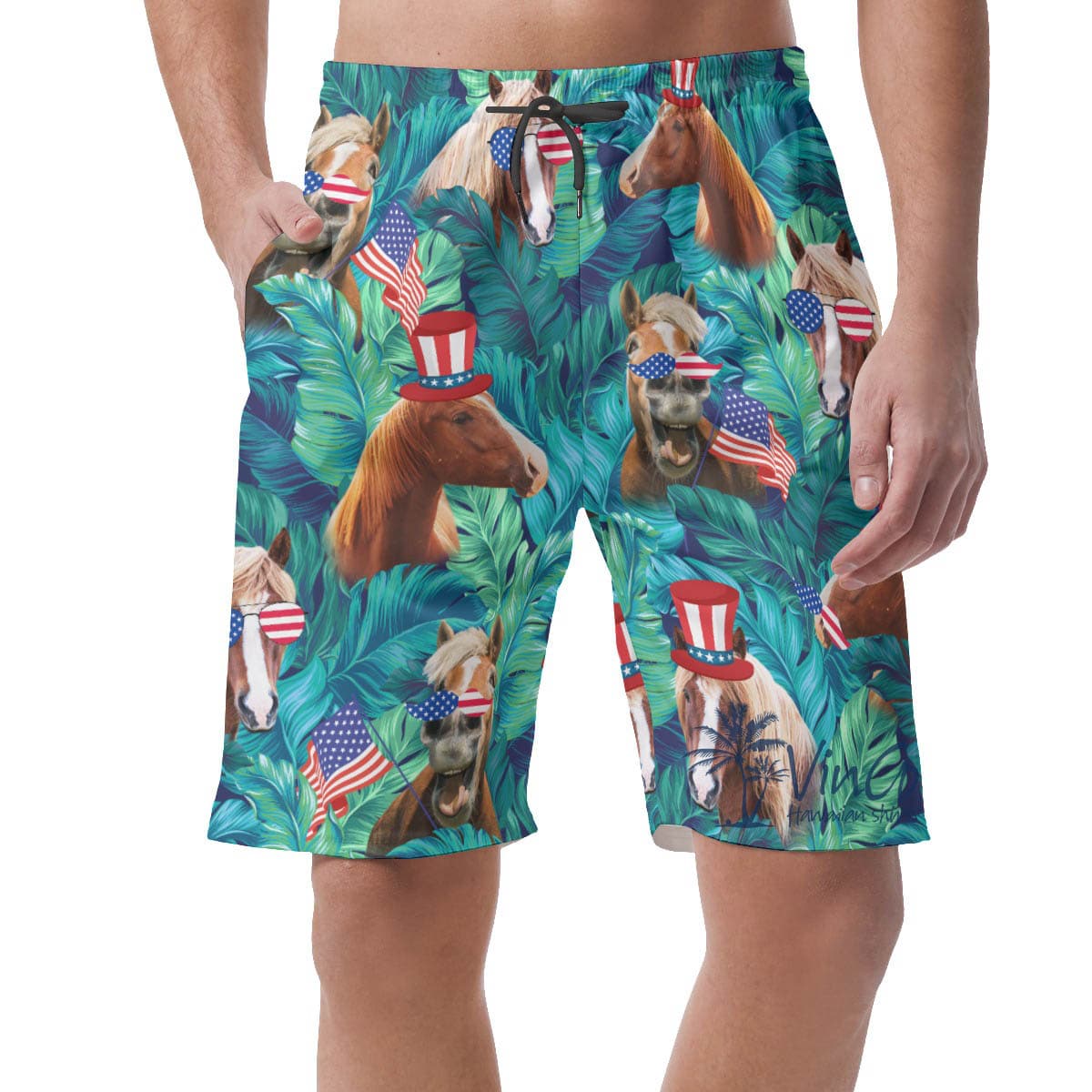 Tropical Horse Patriotic Men's Hawaiian Beach Shorts