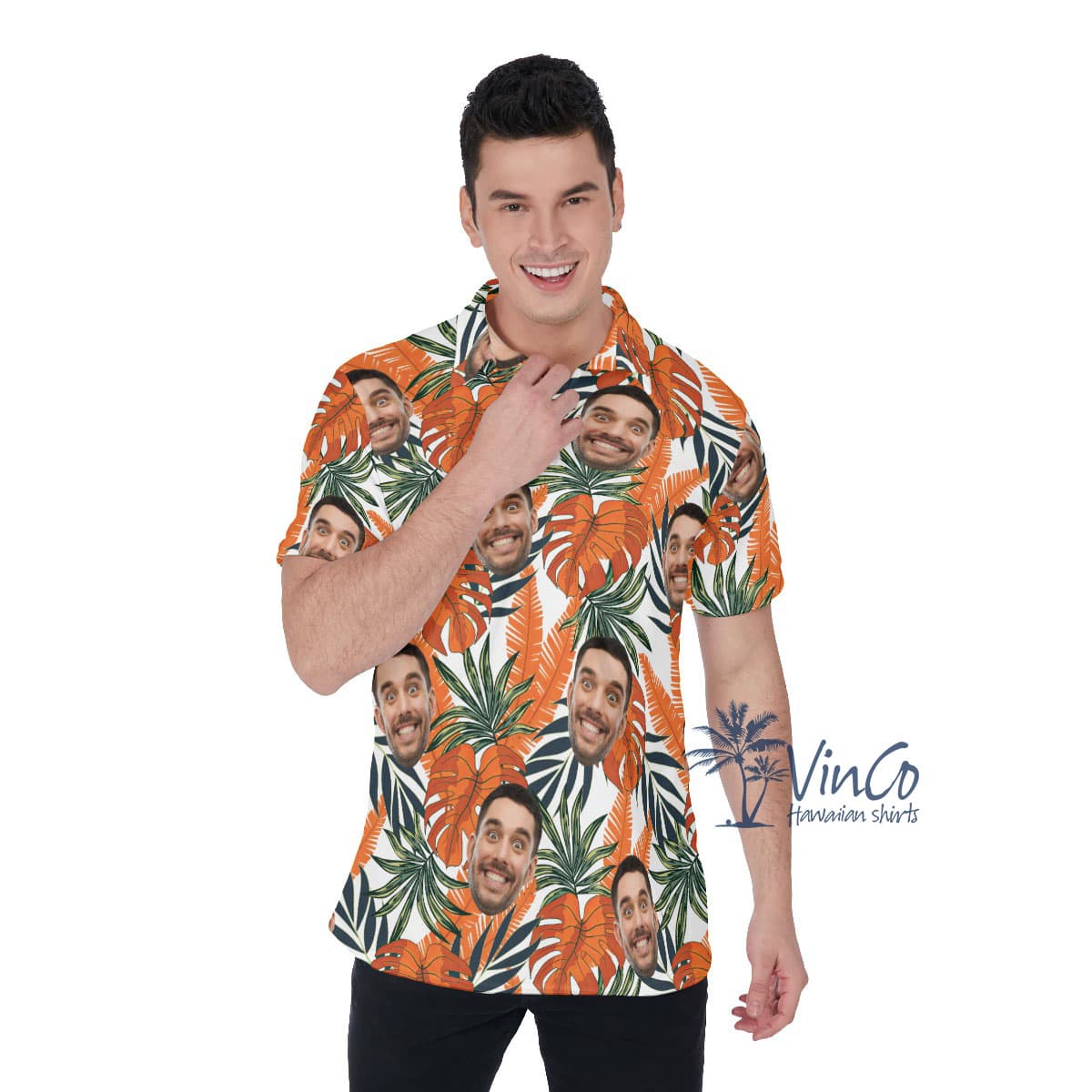 Tropical Leaf Custom Face Collared Shirt For Men (2)