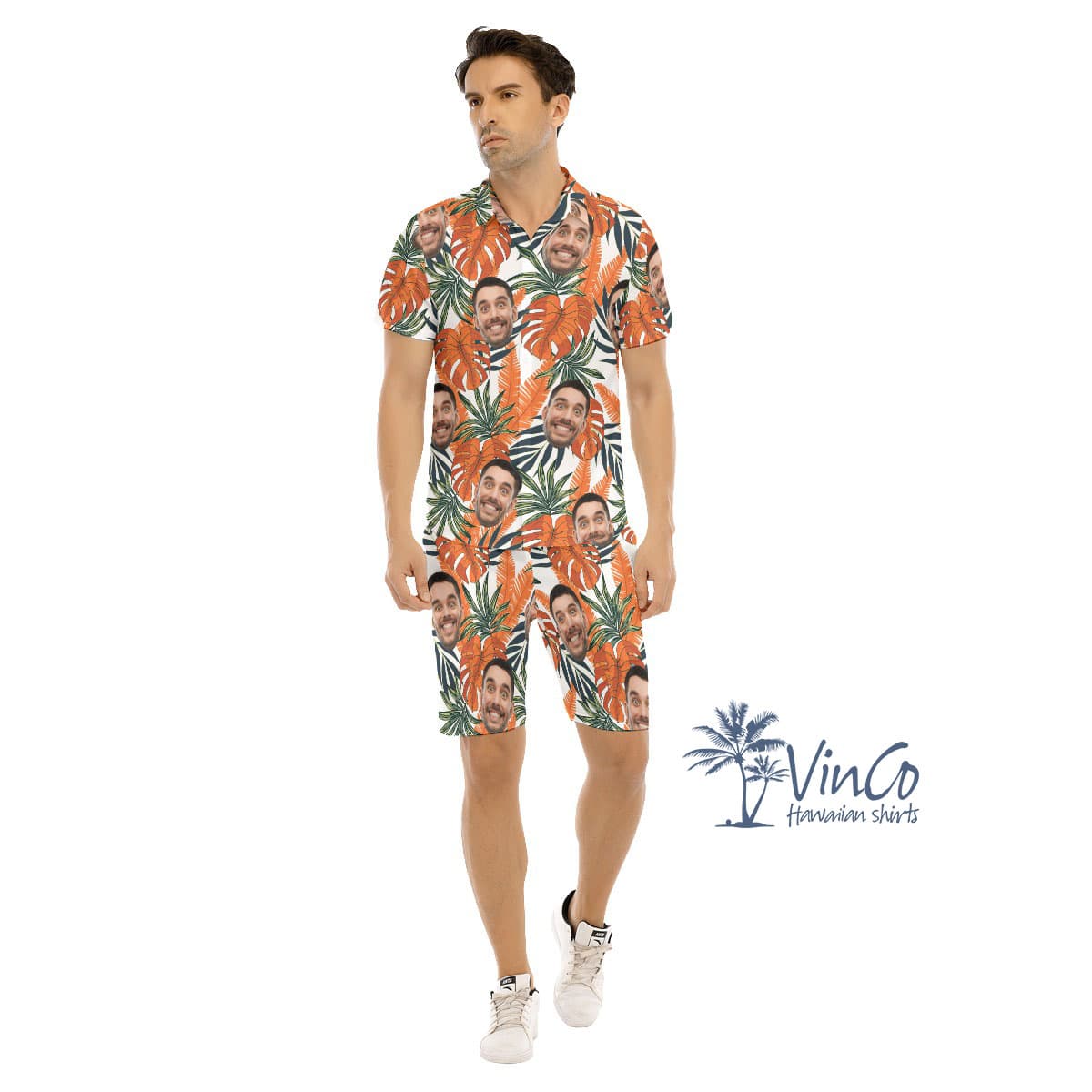 Tropical Leaf Custom Face Hawaiian Shirt And Shorts Set (1)