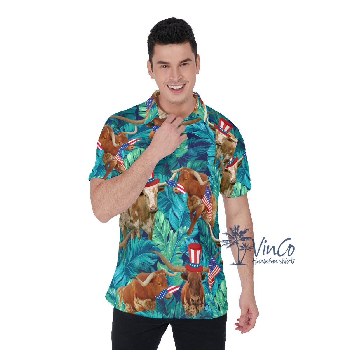 Tropical Longhorn With American Hat Hawaiian Polo Shirt For Men