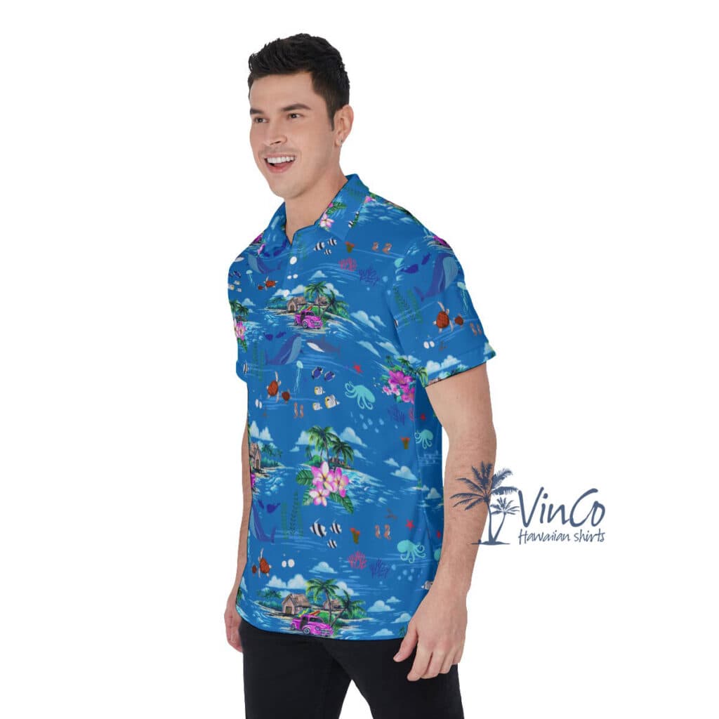 Tropical Ocean Fish Blue Hawaiian Polo Shirt For Men