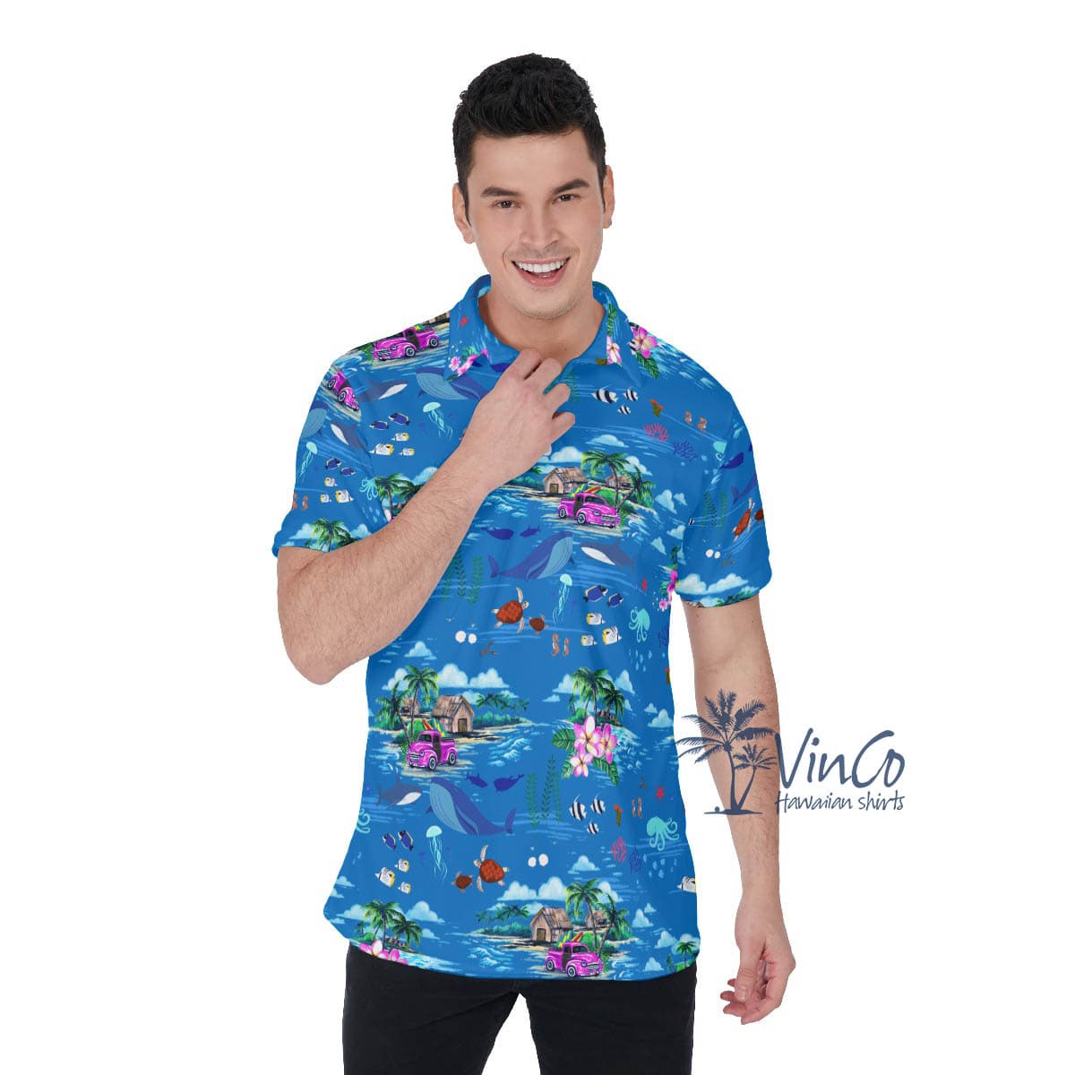 Tropical Ocean Fish Blue Hawaiian Polo Shirt For Men