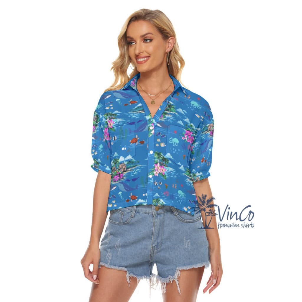 Tropical Ocean Fishes Blue Hawaiian Cropped Shirt For Women