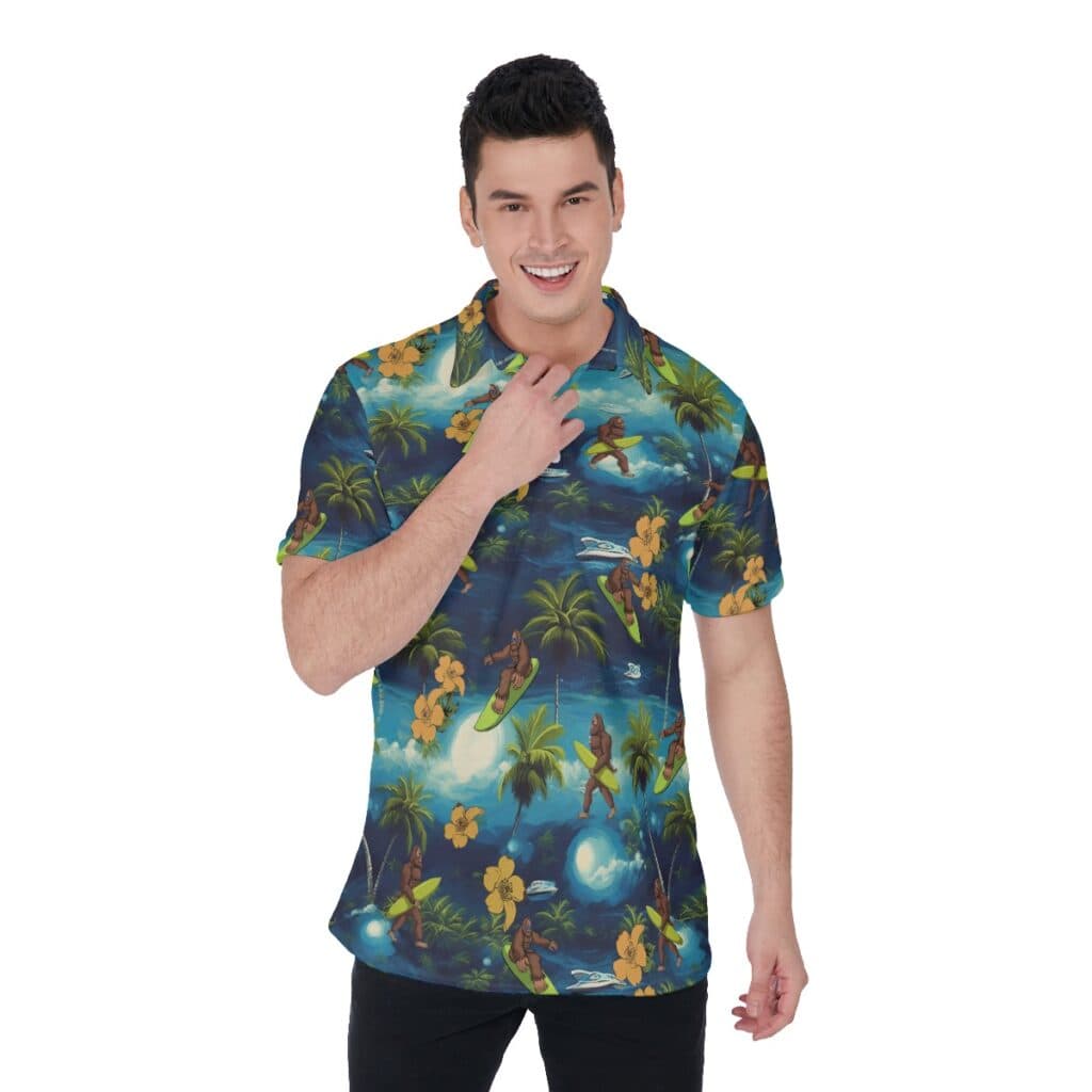 Tropical Palm Tree Bigfoot Surfing Hawaiian Polo Shirt