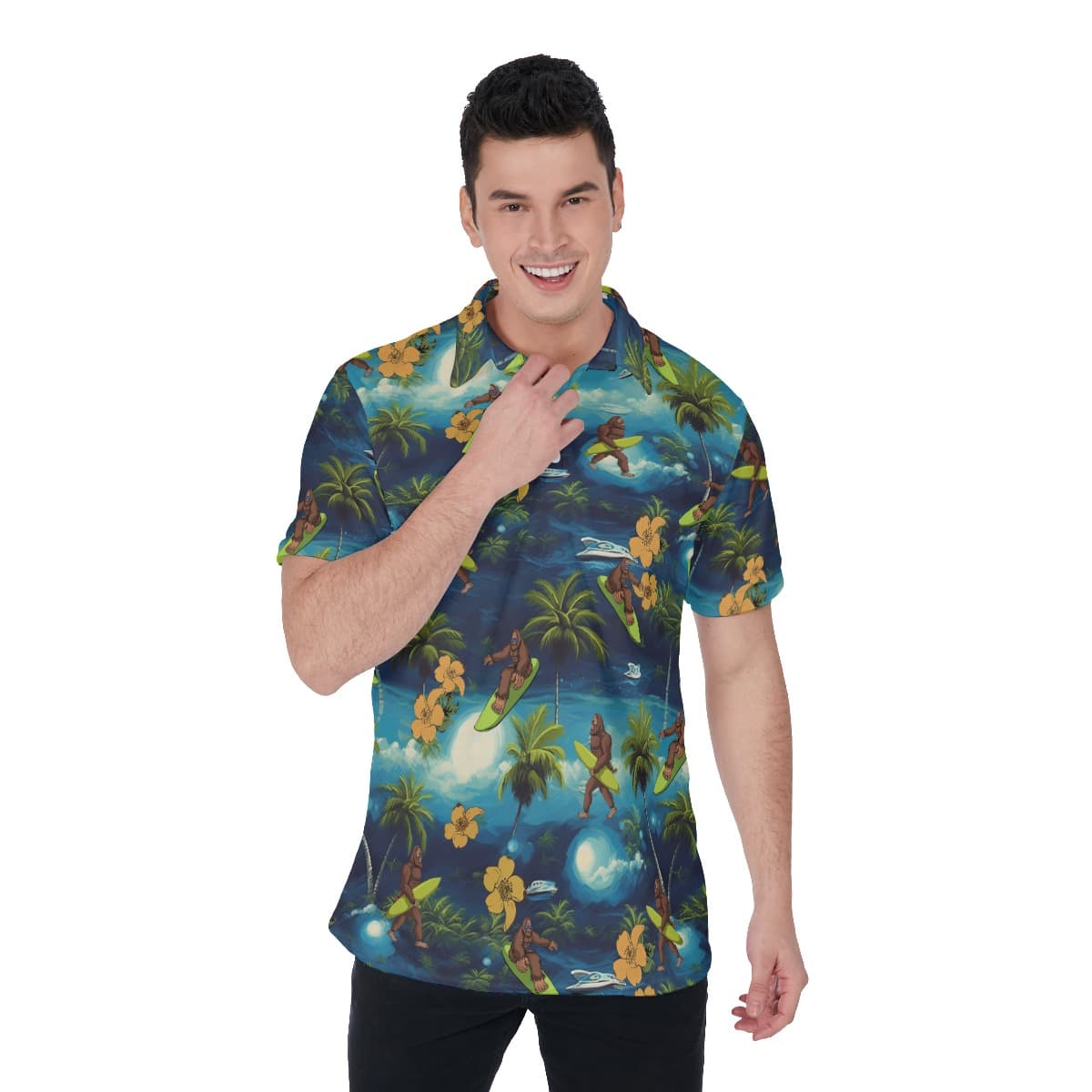 Tropical Palm Tree Bigfoot Surfing Hawaiian Polo Shirt