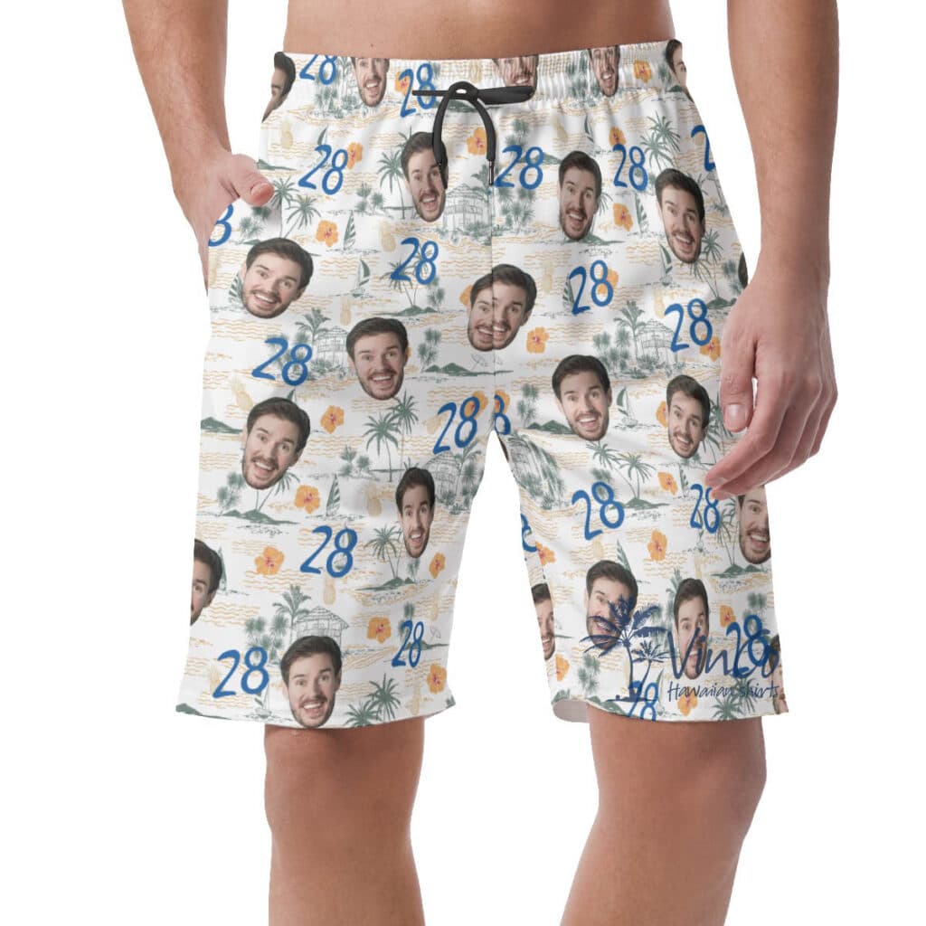 Tropical Palm Tree Birthday Hawaiian Shorts With Custom Face And Age
