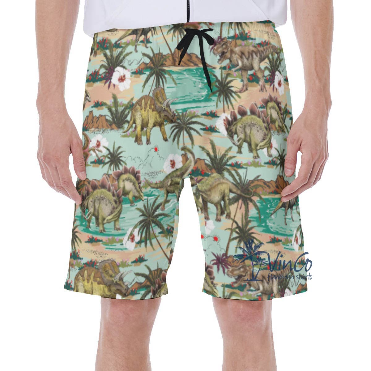 Tropical Palm Tree Dinosaur Hawaiian Swim Trunks For Men