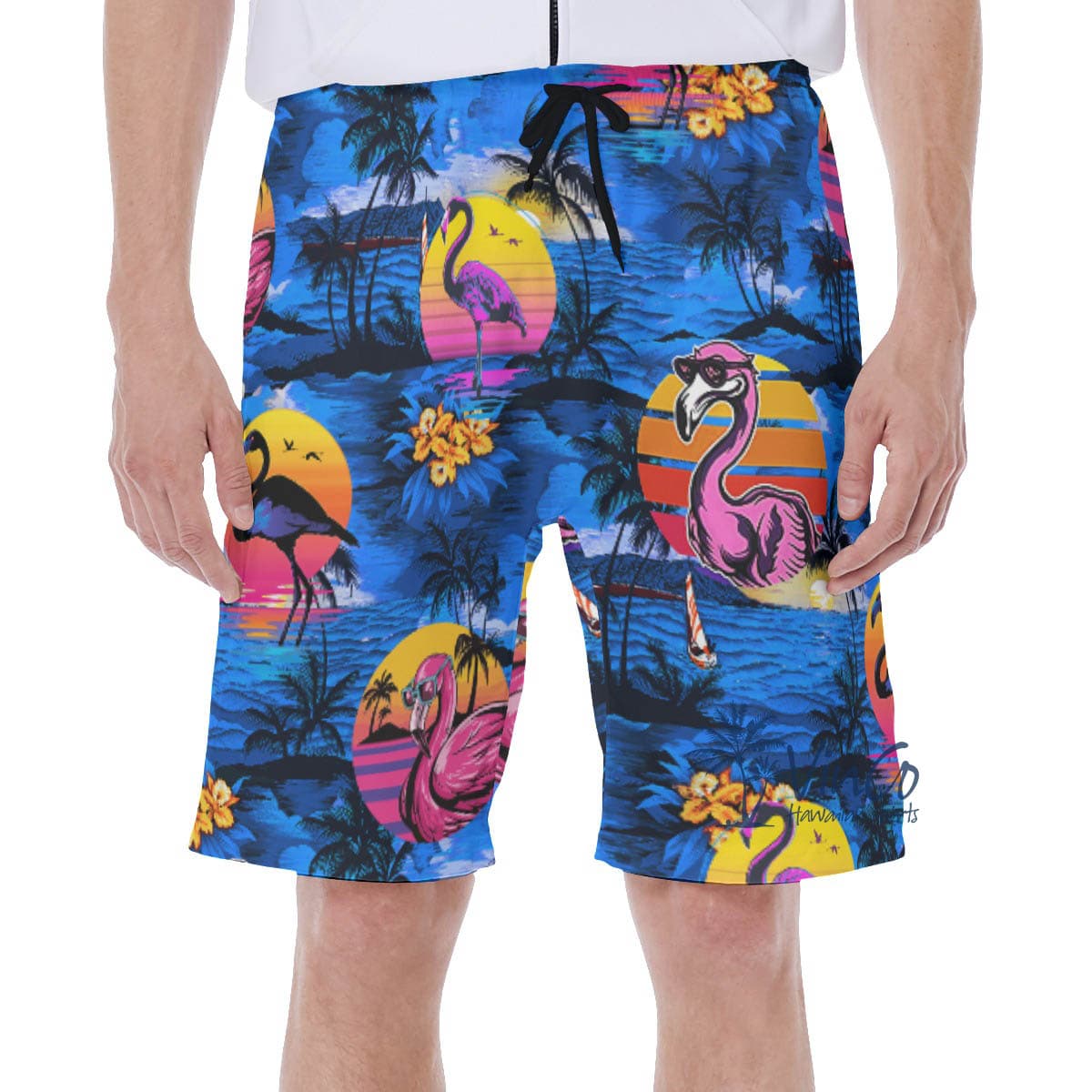 Tropical Palm Tree Flamingo Navy Hawaiian Swim Trunks For Men