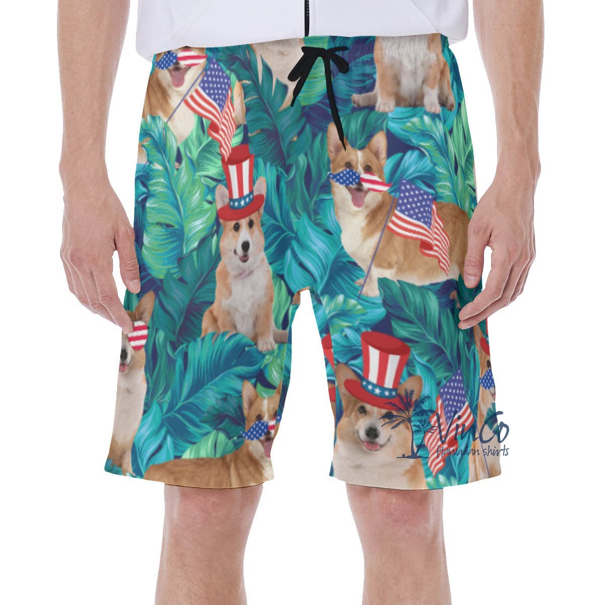 Tropical Patriotic Corgi American Flag Hawaiian Swimwear