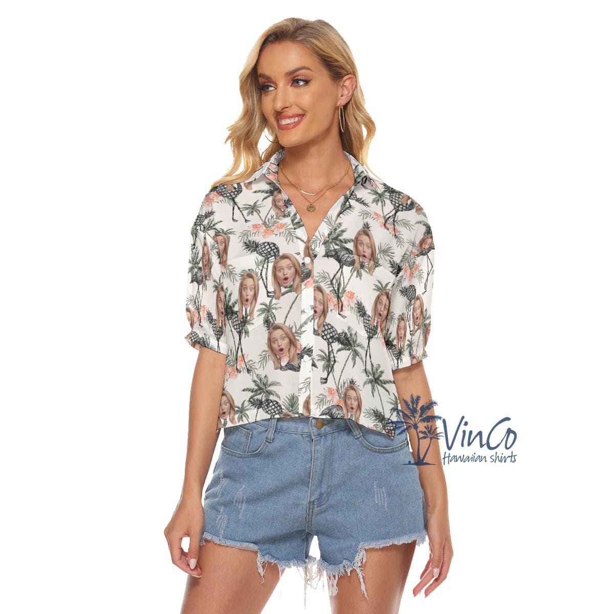 Tropical Pineapple Flamingo Custom Face Hawaiain Crop Top Shirt For Women