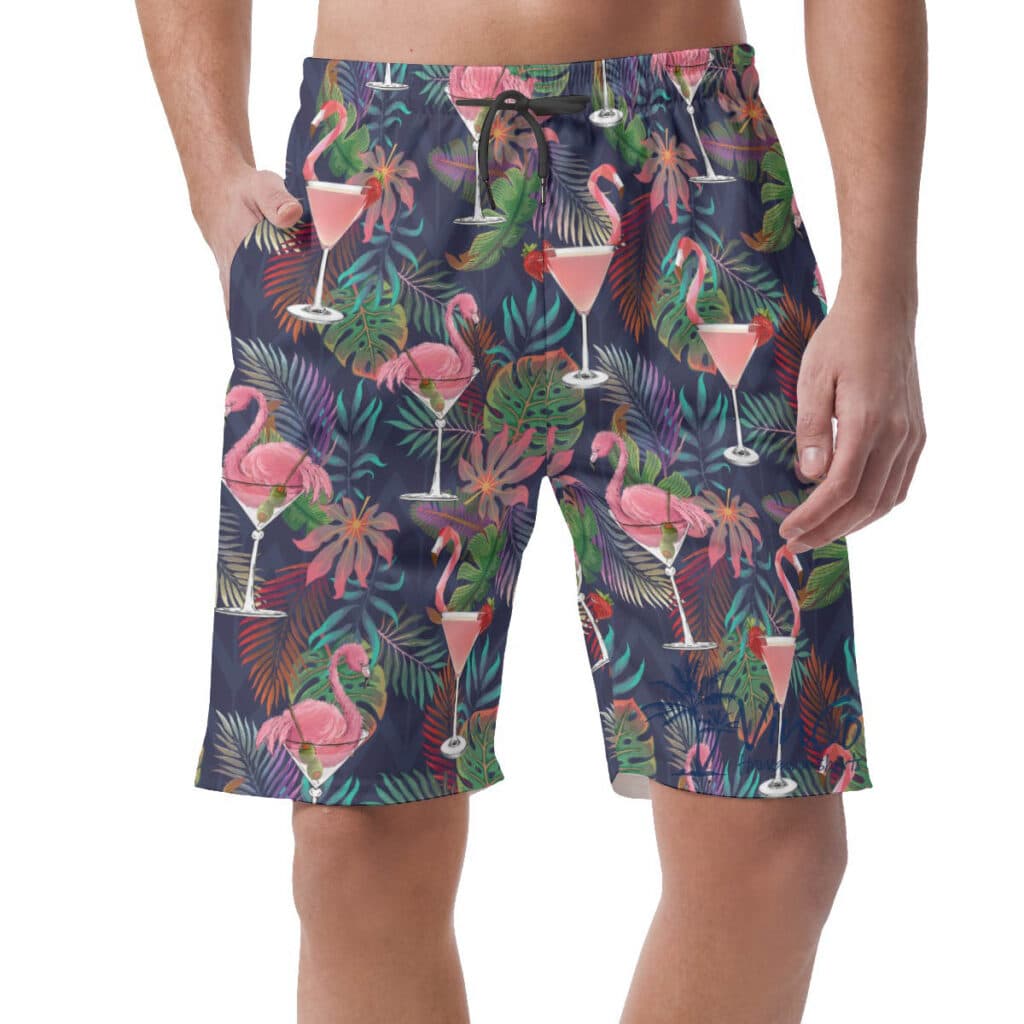 Tropical Pink Flamingo Cocktails Hawaiian Beach Shorts For Men