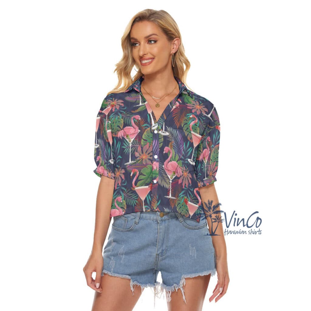 Tropical Pink Flamingo Cocktails Hawaiian Crop Top Shirt For Women