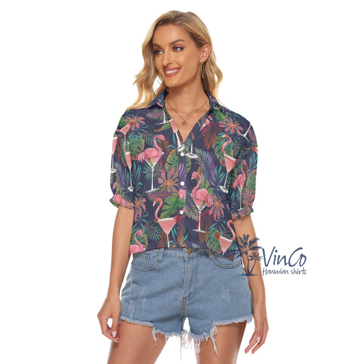 Tropical Pink Flamingo Cocktails Hawaiian Crop Top Shirt For Women