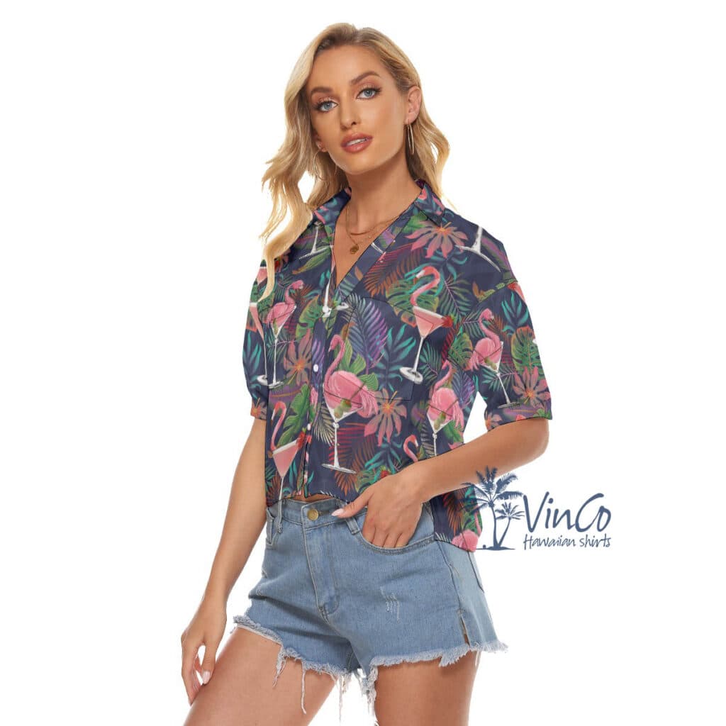 Tropical Pink Flamingo Cocktails Hawaiian Crop Top Shirt For Women