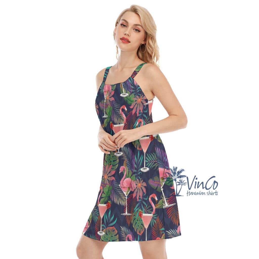 Tropical Pink Flamingo Cocktails Hawaiian Dresses For Women
