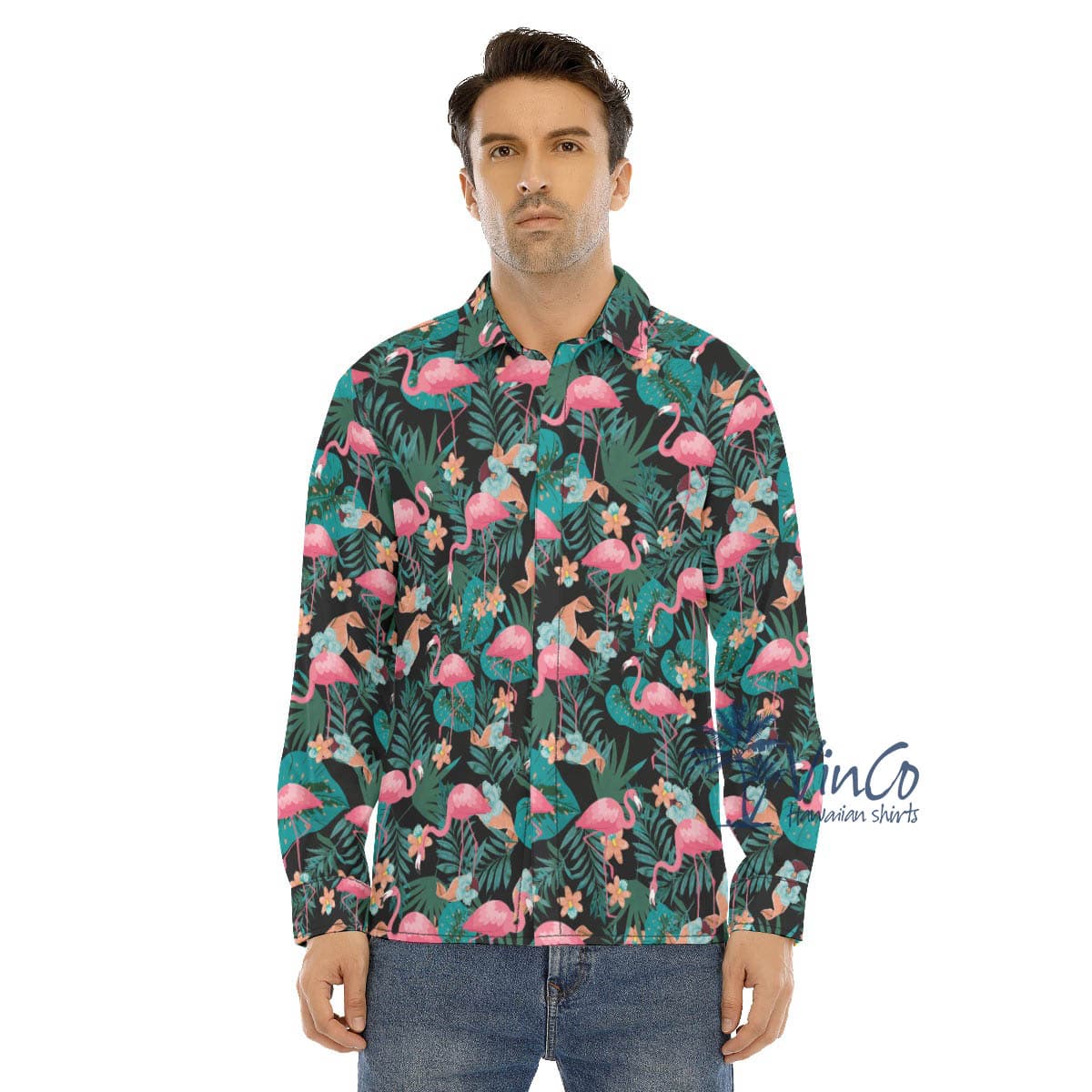 Tropical Pink Flamingo Long Sleeve Hawaiian Shirt For Men (2)
