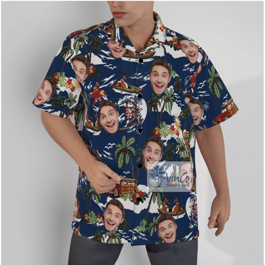 Tropical Reindeer Surfing Custom Face Hawaiian Shirt