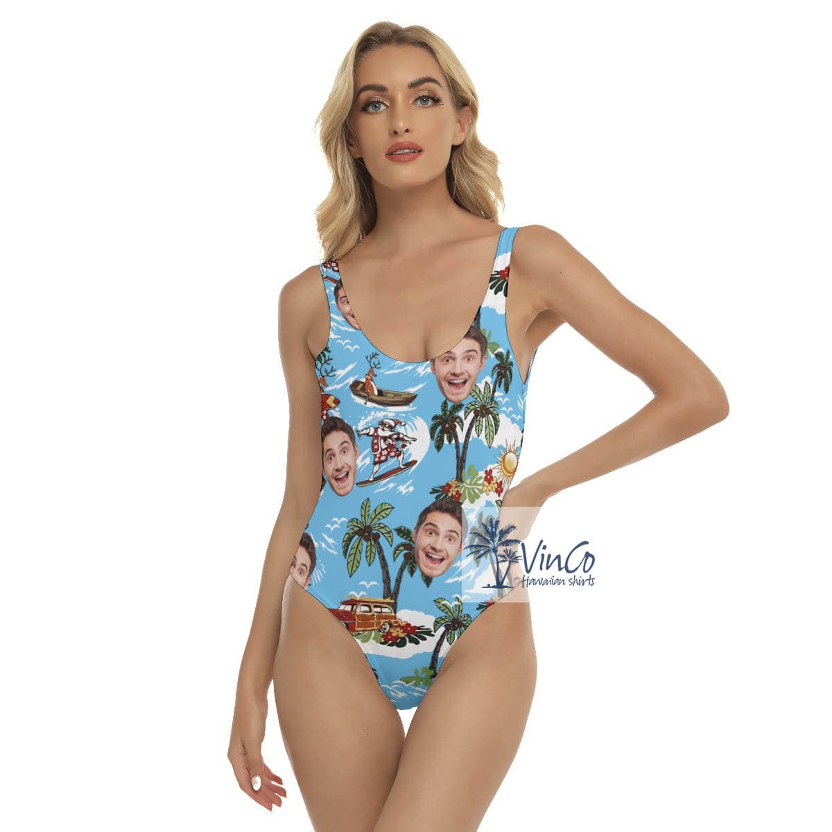 Tropical Reindeer Surfing Custom Face Hawaiian Swimsuit For Women