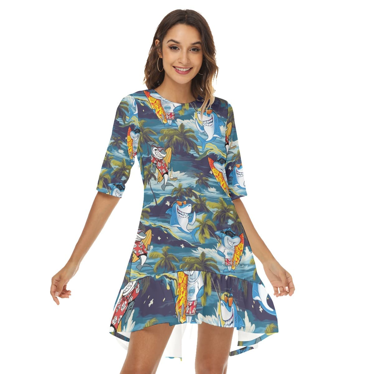 Tropical Shark Surfing Hawaiian Half Sleeve Dress With Ruffle Hem
