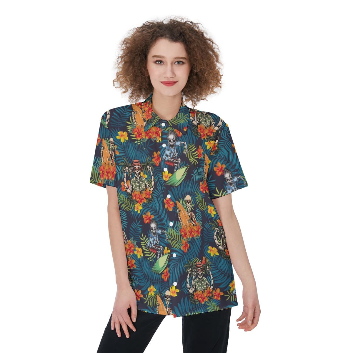 Tropical Skeleton Surfing Aloha Shirt For Women